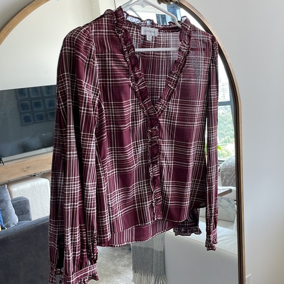 EVEREVE NWOT Maroon plaid ruffle top. Long sleeve. Button front. New. Size XS - Picture 6 of 9